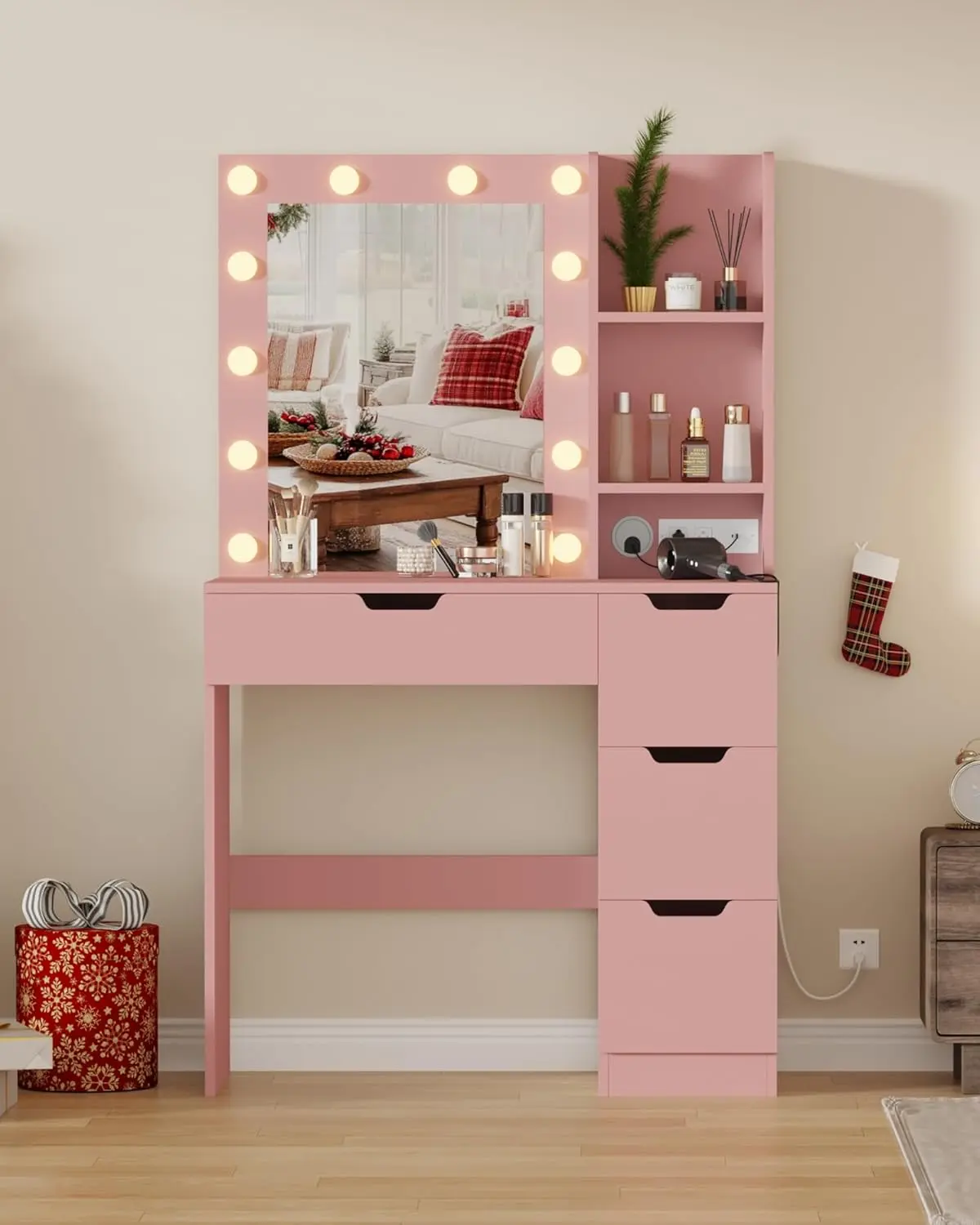 【Christmas Gift】Vanity Desk with Mirror and Lights - Makeup Vanity Desk with 4 Drawers Built-in Power Outlet and USB Adjustable LED Lighting Makeup Table for Bedroom (Pink)