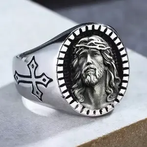 Elegant Jesus Christ Cross Silver Plated Ring, Vintage Bronze Country Jewelry Gift, For Men - Unisex, Holiday Gift Accessories