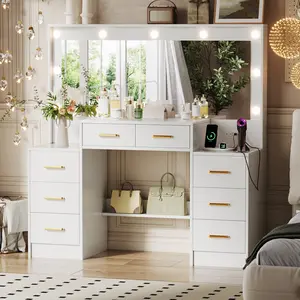 TOKSOM Dressing Vanity Desk Set 46.1" Large Makeup Vanity with Lighted Mirror & Power Outlet 8 Drawers 3 Lighting Modes for Girls White