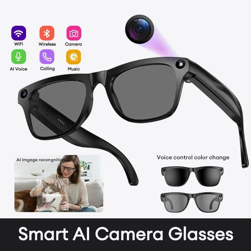 AI Smart Glasses with Voice & Slide‑Controlled Color‑Changing Lenses, 8MP HD Camera & AI Image Recognition, Natural Sound Audio, Classic Unisex Design for Men & Women, Smart Recording for Meetings & Daily Use
