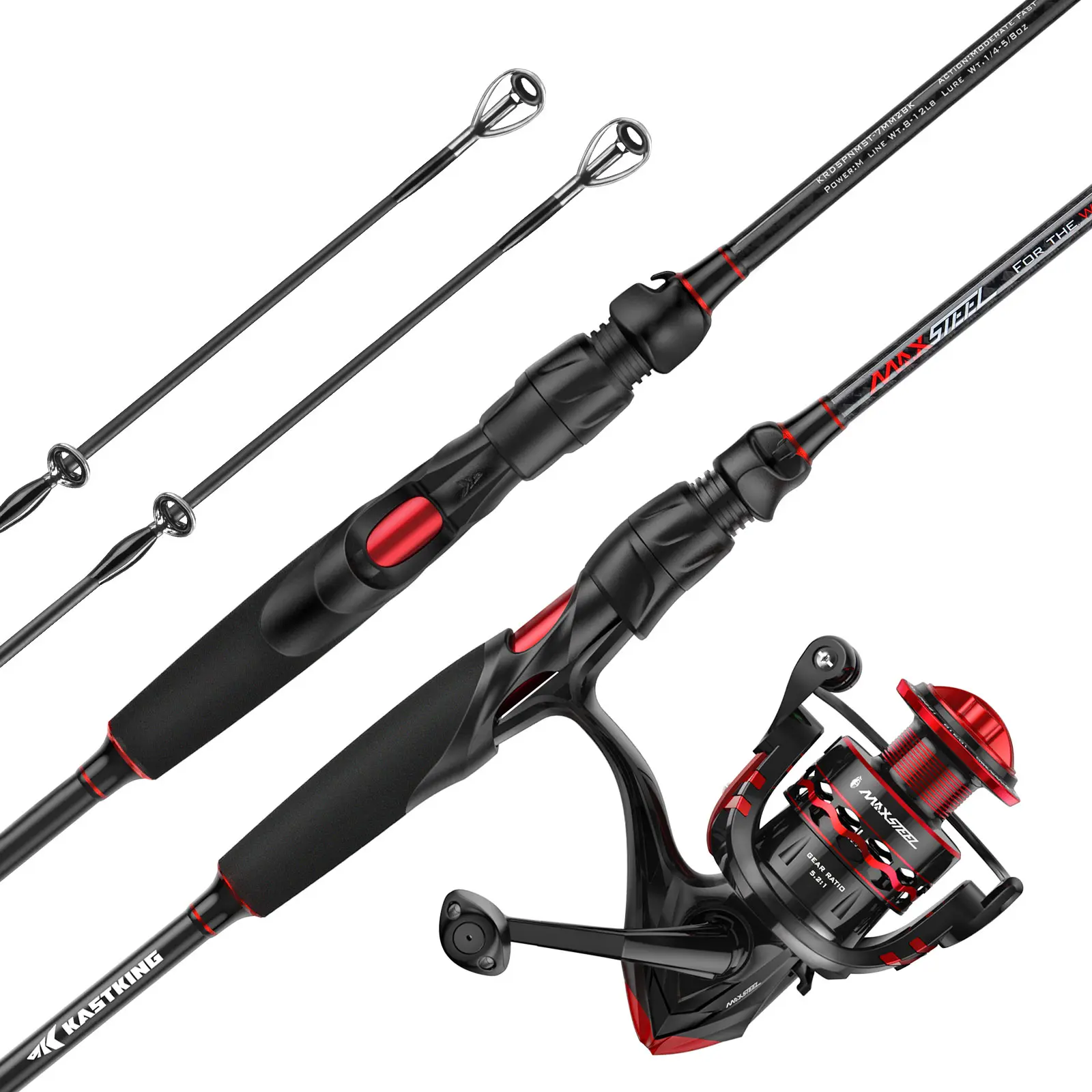 KastKing MaxSteel Fishing Rod & Reel Combo - Durable Carbon Fiber Handle, Red & Black Design, Ideal for Anglers