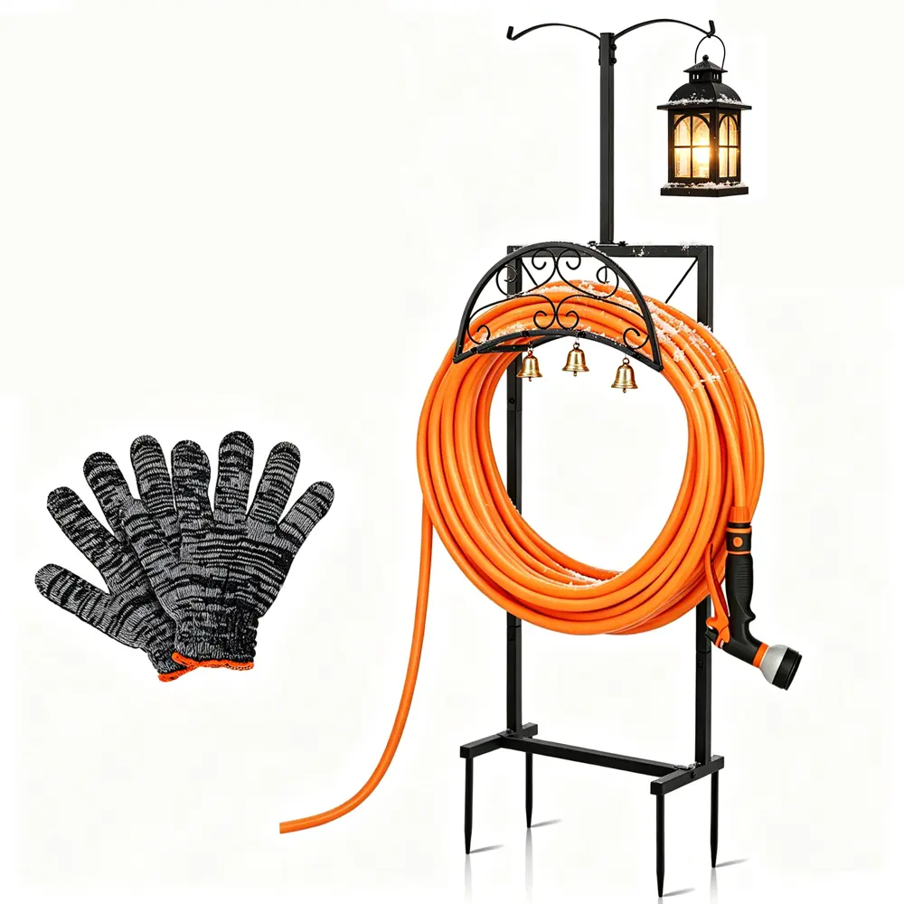 Black Freestanding Hose Holder - Upgraded No-Drilling Outdoor Water Hose Stand with 5 Ground Spikes, 2 Shepherd Hooks, Garden Storage Organizer for Lawn, 5 Spikes