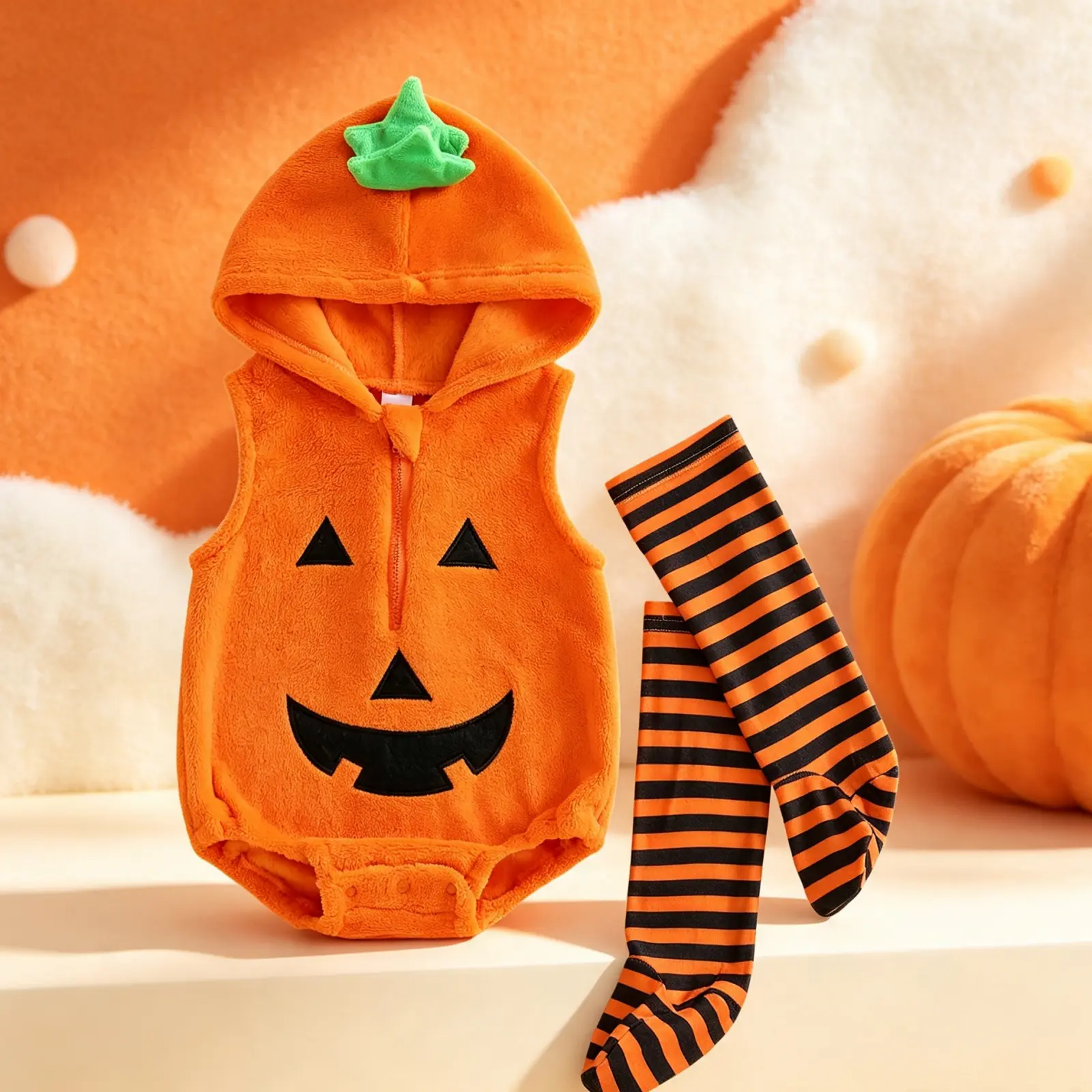 Baby Pumpkin Outfit Fleece Sleeveless Hooded Romper and Striped Stockings 2 Piece Halloween Set