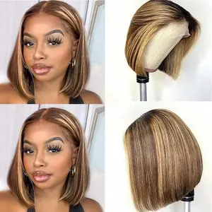 GK Blonde Highlight Bob Human Hair Wigs 13x4 HD Lace Ombre Human Hair Wigs Pre Plucked 14 Inch 4/27 Bob Glueless Wig Brown and Blonde 200% Density