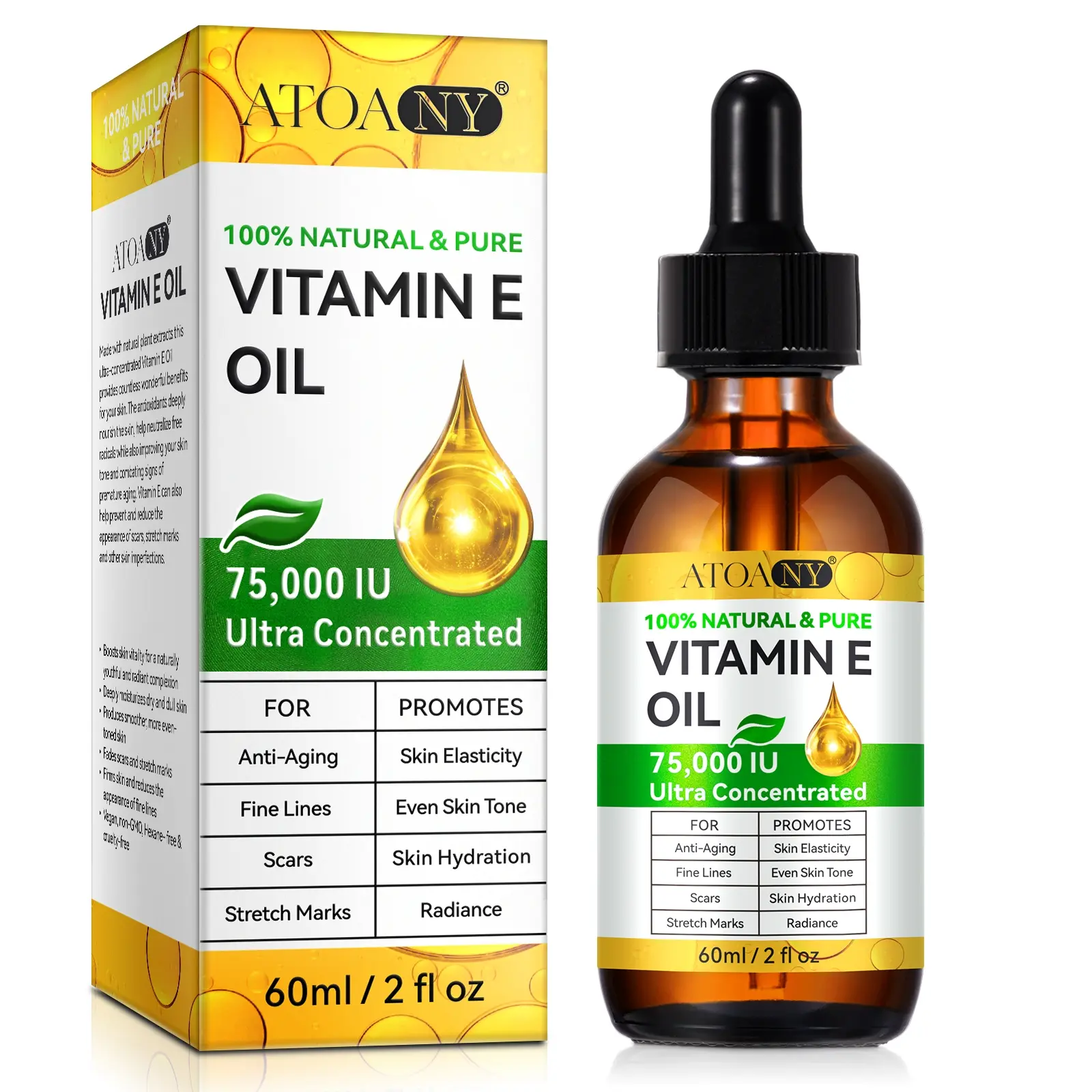 Atoany Vitamin E Oil 60ML for Skin Tightening, Hair Smoothing, Nail Moisturizing, Multi-Purpose Antioxidant Oil