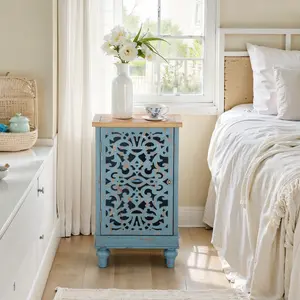 PHI VILLA Small Accent Storage Cabinet with Single Door - Decorative Nightstand for Living Room Bedroom, End Side Table Cabinet Blue Furniture Mini Modern Design Elegance