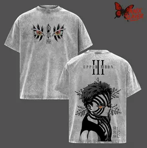 Upper Moon 3 Akaza T-Shirt, Oversize Washed Heavy Cotton Tee, Double Printed Demon Slayer Anime Streetwear Top