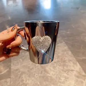 1PC Heart-Shaped Crystal Rhinestone Coffee Mug - 304 Stainless Steel Diamond-Encrusted Style, Durable Reusable with Handle, Portable for Water, Iced Coffee, Milk & Tea (Home/Camping Use) Drinkware Travel Coffee Mugs