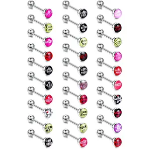 FLORIDECO 30pcs Stainless Steel Straight Barbell Body Jewelry Set - Fancy Words, Pictures, Logo Designs for Tongue Piercing Accessories Nipple Rings,summerwins