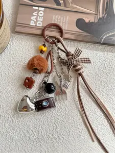 Vintage Brown Aesthetic Bag Charm, Plush Ball Dice Heart Strawberry Pendant, Gingham Bow Braided Fringe Keychain, Y2K Sweet Cool Style Keychain, Fashion Accessory for Bags, Charms for Bags, Trendy Bag Charms
