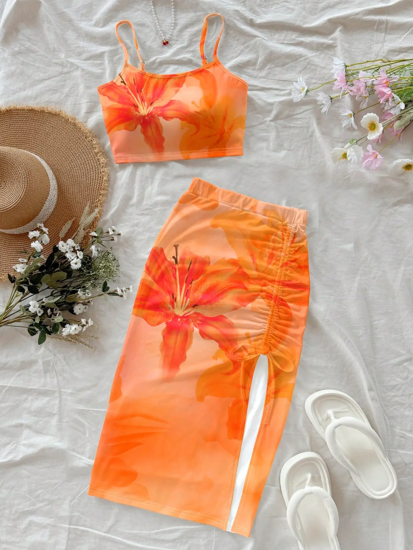 Women's Summer Vacation Two-Piece Set, Boho Floral Lily Print Halter Top Cropped Short Sleeveless Fitted, Side Pleated Split Slit Midi Skirt, Womenswear, Style, Tank Top, Clothes, Bohemian