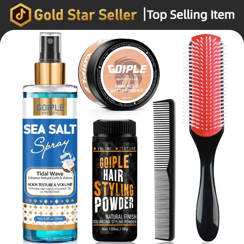 Men Hair Styling Kit Clay Sea Salt Spray Powder Brush for Textured Styles Matte Volume Natural Look Haircare