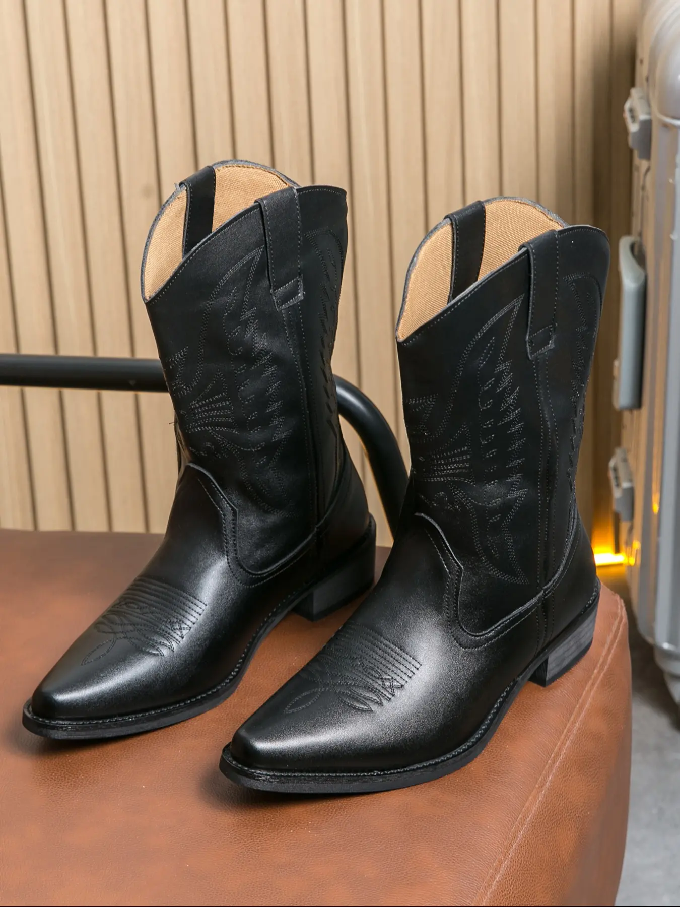 Men's Embroidered Mid-Calf Riding Boots, Pointed Toe Western Cowboy Boots, Vintage Fashion Style, Casual Boots, Comfortable Closed Slip-On Design, Rubber