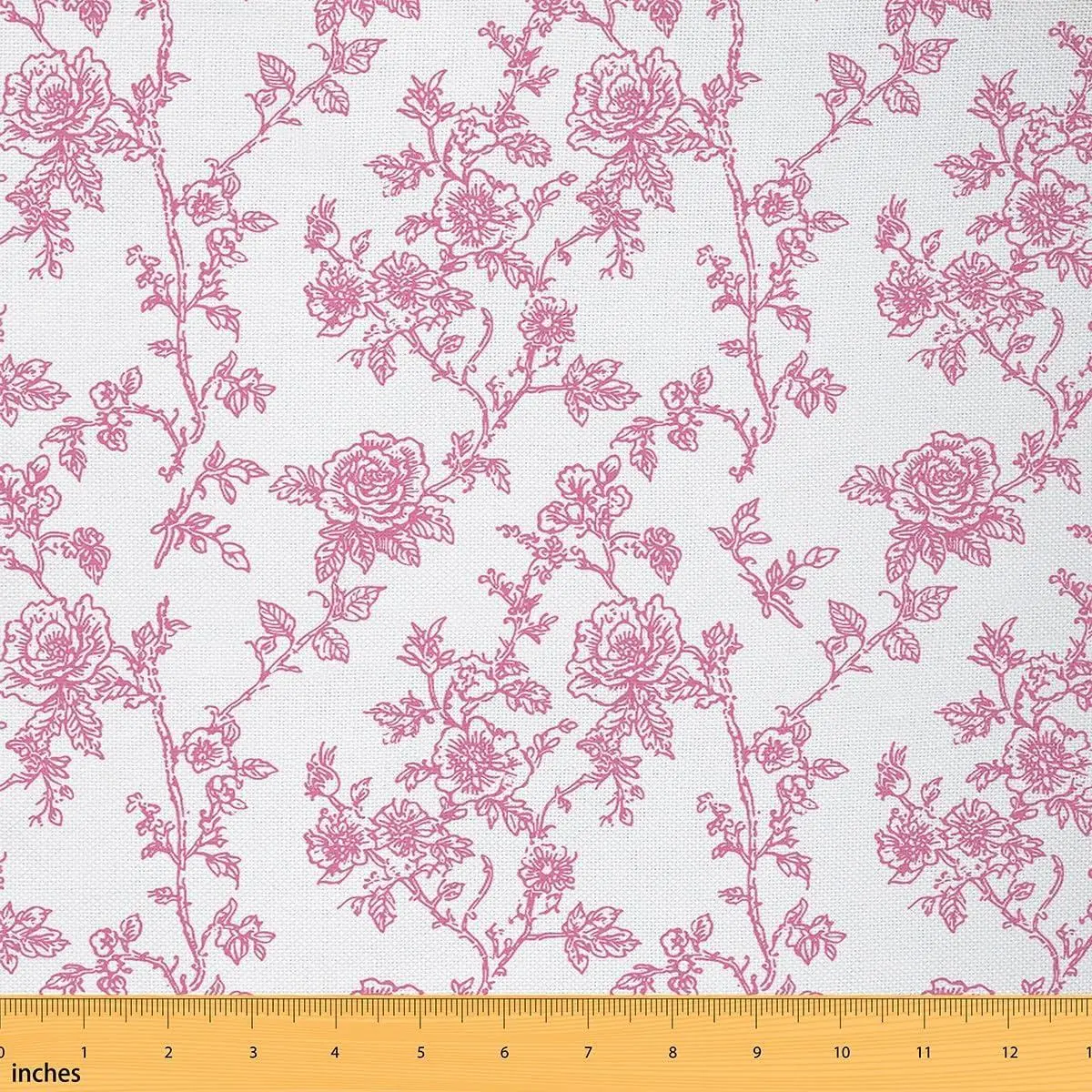 Pink Rose Fabric Retro Sketch Floral Plants Fabrics Sewing Supplies Botanical Garden Flowers Romantic Fabric DIY Soft Flannel Polyester No Stretch