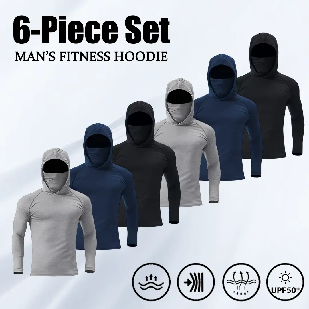 Men's 6-Piece Fitness Hoodie Set - Neutral-Toned Menswear for Athletes, Long Sleeve Athletic Apparel with UPF50+ Protection, Lightweight Compression Moisture Wicking Sports Hoodie (Light Gray, Pure Black, Navy Blue) for Running, Athleisure