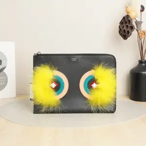 Pre-owned FENDI Calfskin Leather / Fur trim Small Leather Goods Monster Clutch Bag DS052175 A120