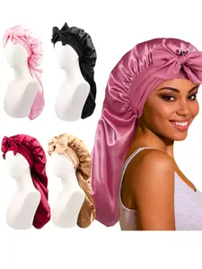 Soft Silky Long Satin Sleeping Bonnet for Women, Extra Large Size Hair Cap with Tie, Comfortable Night Sleep for Natural and Curly Hair