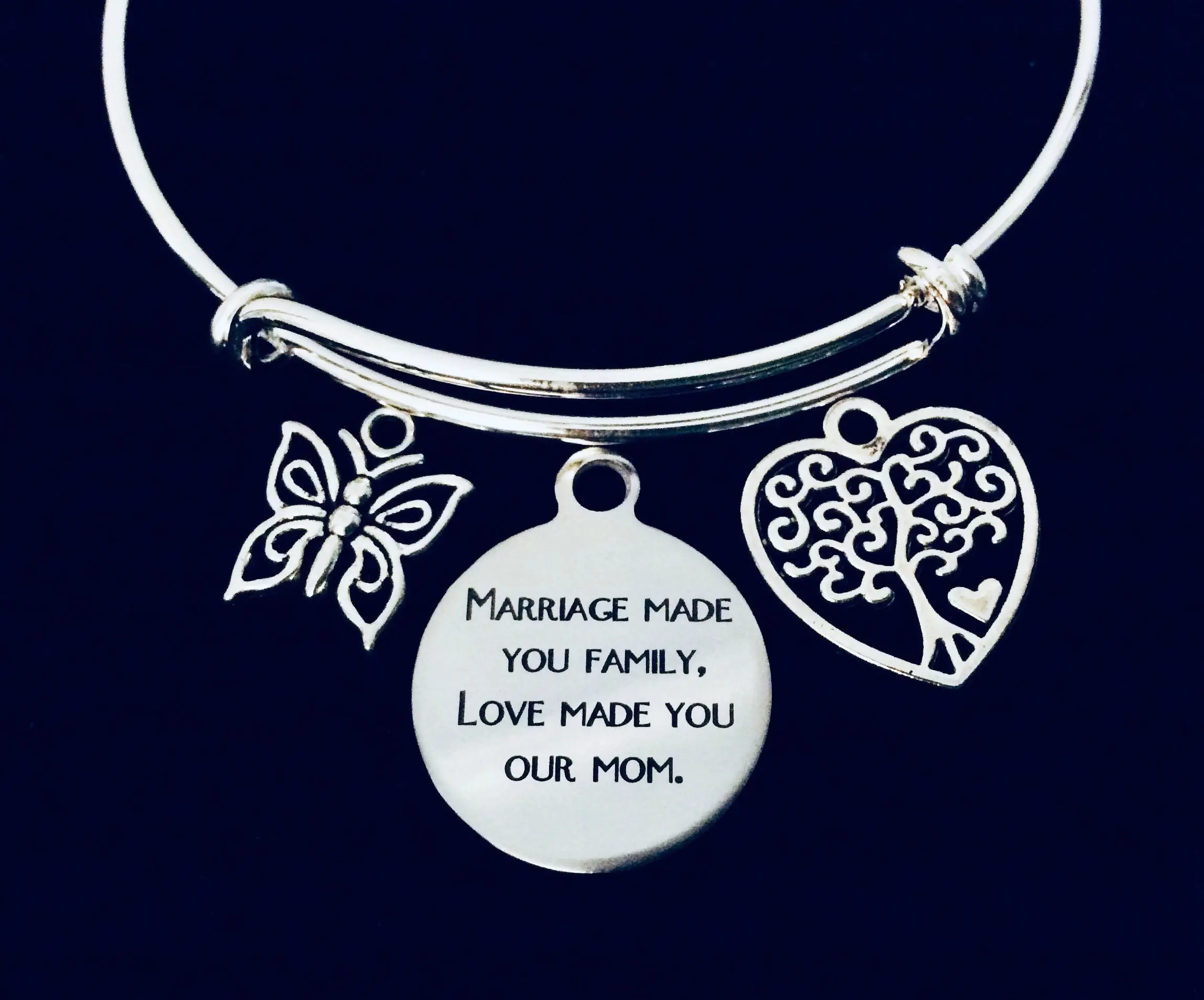 Stepmom Gift Bracelet – Silver Expandable Bangle with Butterfly, Family Tree & Heart Charms – Marriage Made You Family, Love Made You Our Mom