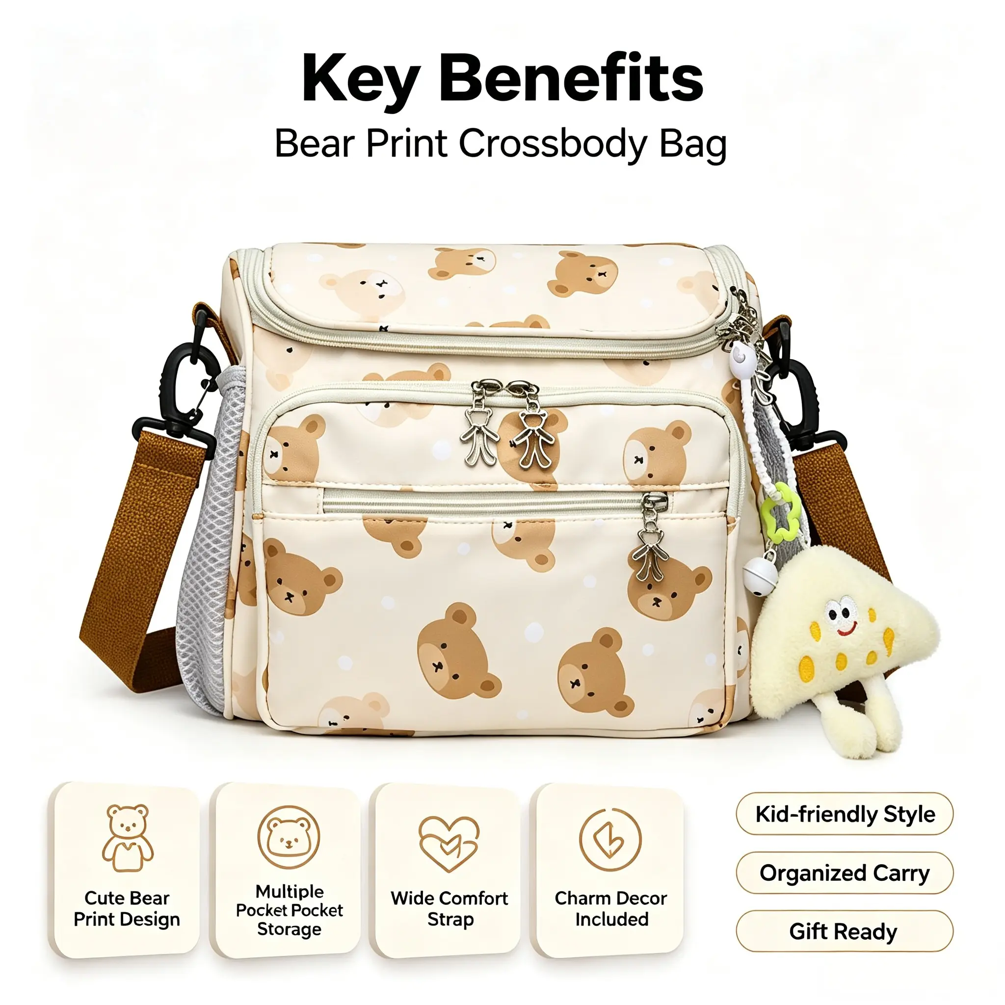 Cute Bear Print Mommy Crossbody Bag with Charm Pendant, Large Capacity Multi-Pocket Diaper Bag, Casual Travel Maternity Bag for Baby Essentials
