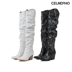 CELNEPHO Women Cowboy Boots Pointed Toe Retro Embroidery Design Chunky Block Heel Easy Pull on Western Cowgirl Boot Work Cosplay Events Country Wedding Dress Shoes