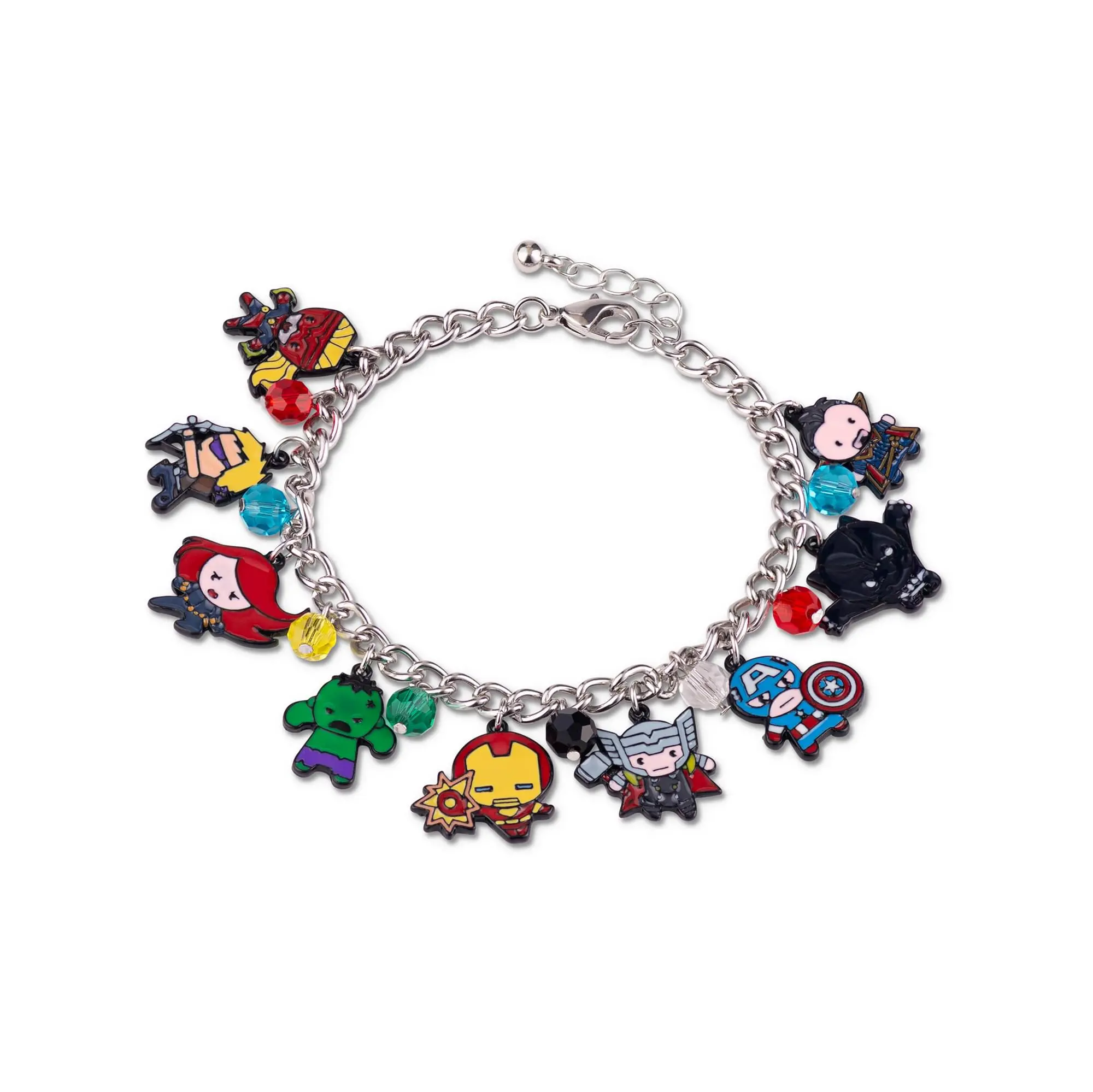 Marvel The Avengers Superheroes 15mm Enamel Charm Bracelet with Silver Chain, Metal Alloy, Unisex Playful Jewelry Sets, Enamel Accents