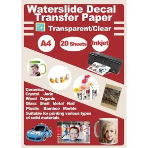 Waterslide Decal Paper for Inkjet Printers Only, Clear Transparent Water Slide Transfer Paper for DIY Mugs, Glass, Ceramic, A4 Size (8.3 x 11.7 Inches), 20 Sheets -