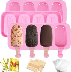 3pcs Large Silicone Popsicle Molds Set, 4 Cavities Cake Pop Molds,Oval Ice Cream Bar Mold Ice Pop Cakesicle Molds Silicone with 100 Wooden Sticks & 100 Bags &100 Twist Ties
