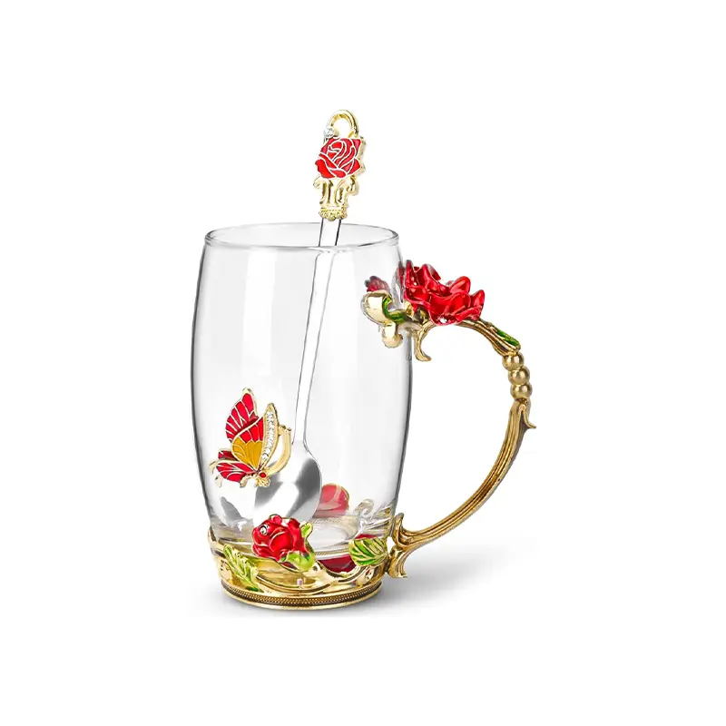 Gifts for Women Mom Mothers Tea Cup Best Birthday Butterfly Rose Gifts for Her from Daughter Son Glass Coffee Christmas Enamels Mug Lead-Free with Spoon Set