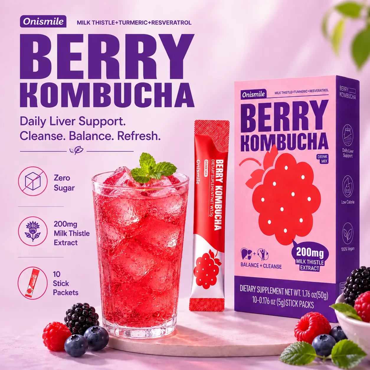 Onismile Berry Kombucha Drink Mix, Powdered Drink Mix Stick Packets, Zero Sugar Fruit Tea Water Enhancer, Probiotic Kombucha Beverage, Buy 2 Get 1 Free, 3 Boxes / 30 Stick Packets, Value Pack