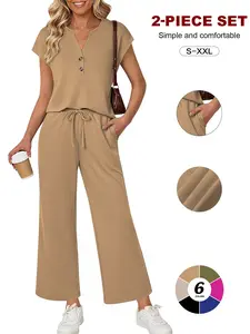 Women's 2 Piece Loungewear Set, Sexy Henley Neck Top & High Waisted Wide Leg Pants, Tummy Control, Casual for All Seasons