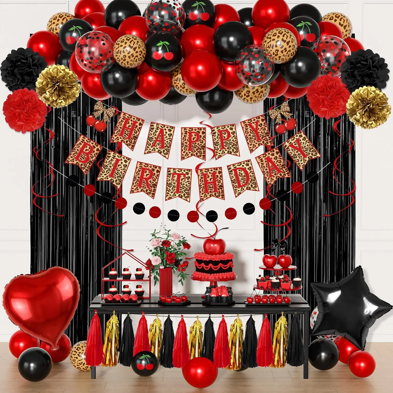 Red and Black Cheetah Birthday Party Decorations Women Happy Birthday Decor