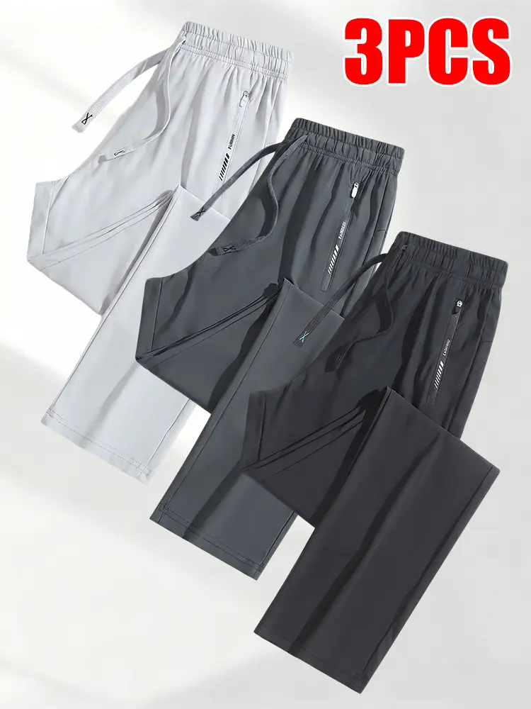 Women's 3 Pack Comfort Fit Straight Leg Pants, Elastic Waist Drawstring Pants with Zipper Pockets for Casual & Travel