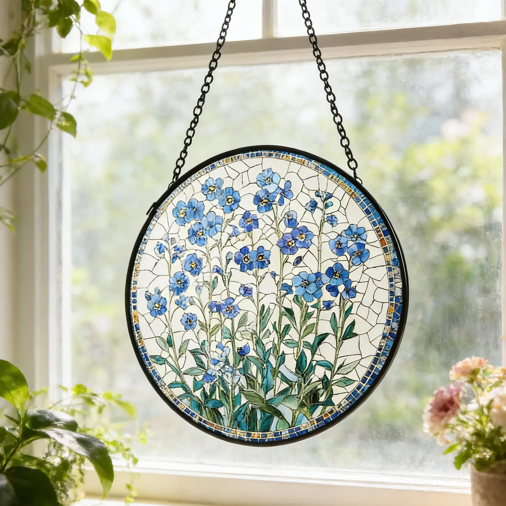 GAOMON Round Shape Stained Glass Suncatcher - 7.9in Blue Forget-Me-Not Flower Window Decor, Metal Chain Floral Art Ornament, Gift with Box for Home, Garden Outdoor Furniture Accents