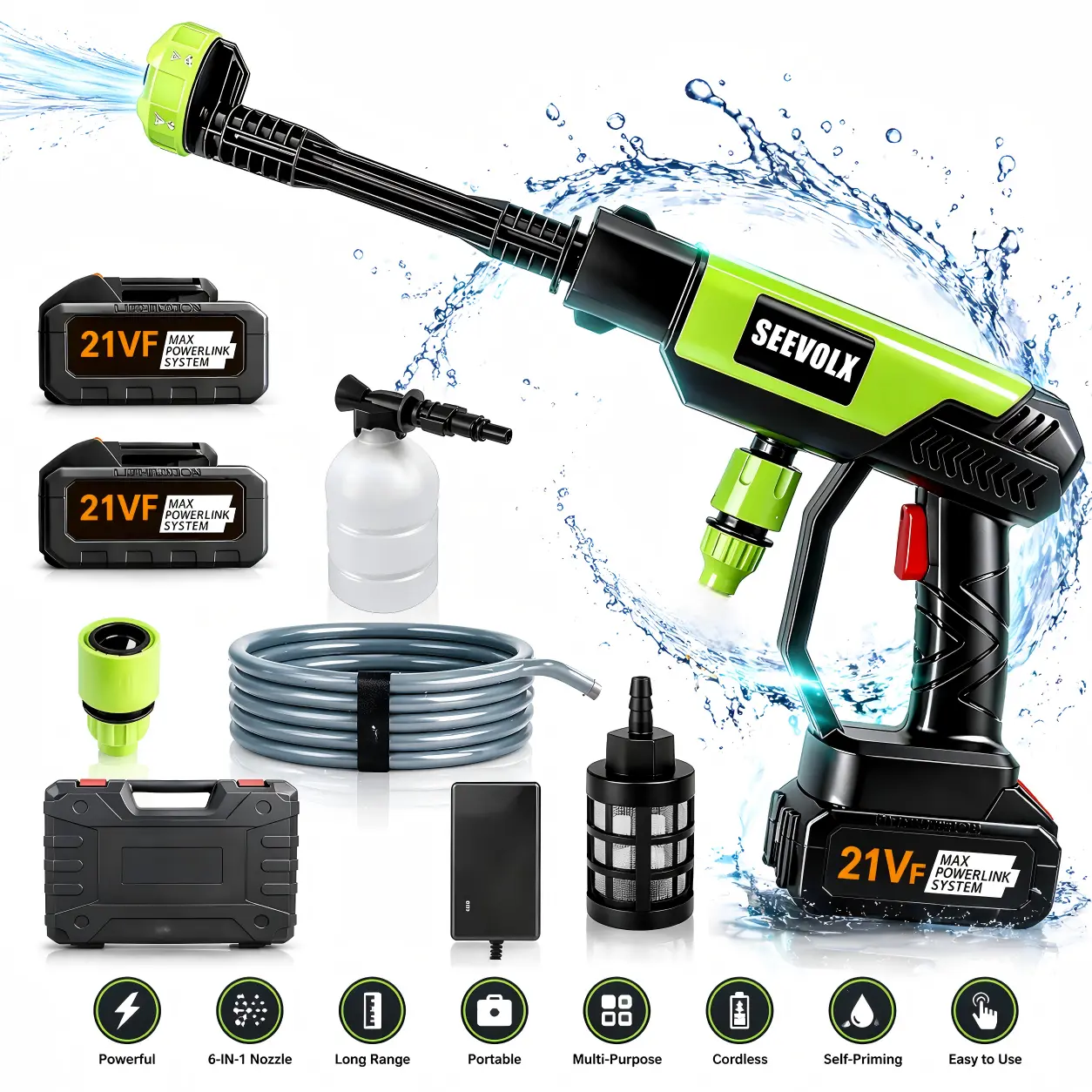 SEEVOLX 21VF Cordless Portable Pressure Washer - 6-in-1 Multi-Function Spray Gun with Sprayer Nozzle, Water Booster Sprayer Power Tool for Homeowners, Car Cleaning, Driveway Maintenance (Enables Freedom of Movement), Easy Storage And Transport