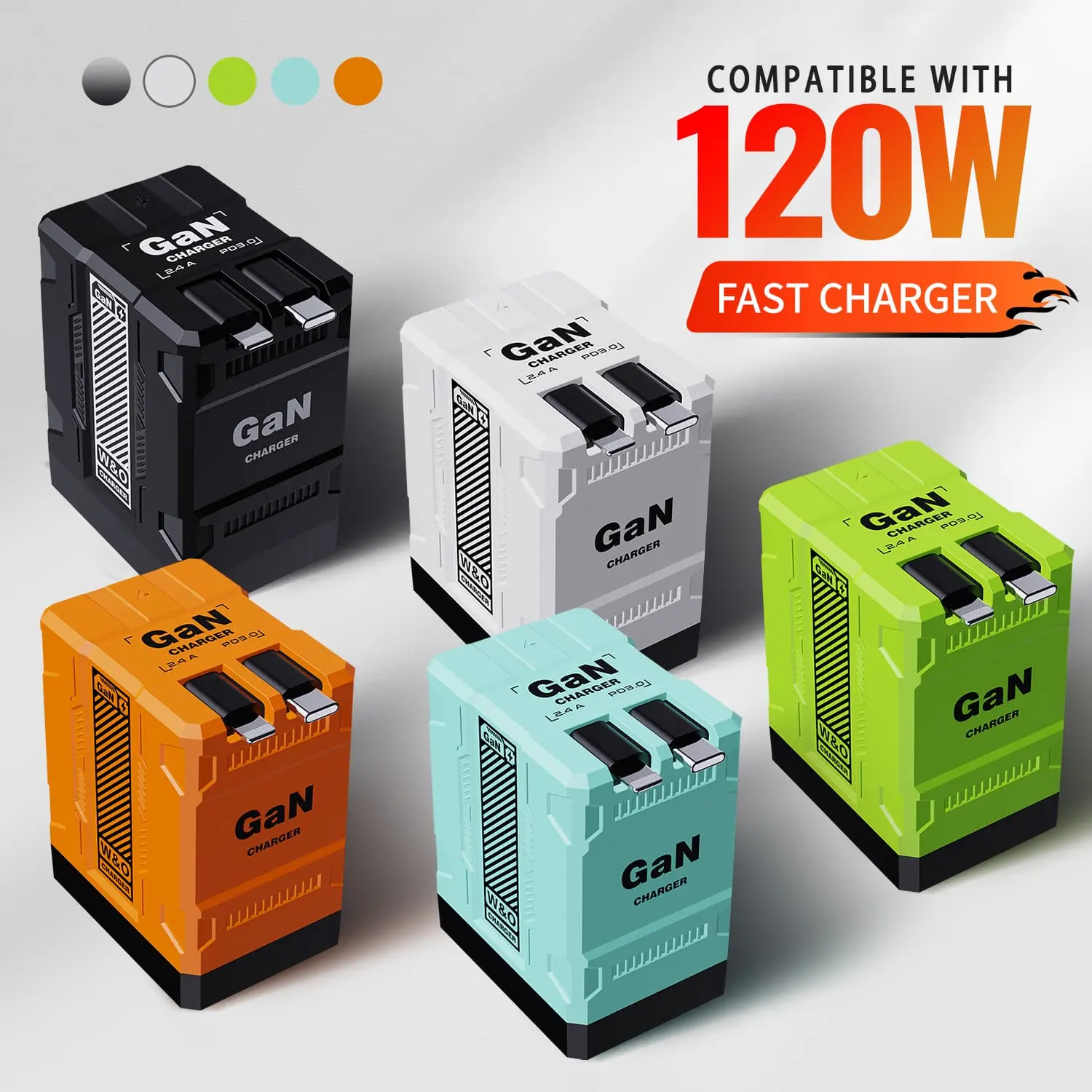 [US warehouse]2PCS W&O 4-in-1 GaN Compatible 120W Fast Charger with Retractable Type-C & Lightning Cable - for iPhone, iPad, Apple Watch & More - compatible portable charger smart watch iphone 15 pro max chargers charger phone Charger Plug Smartphone