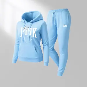 Women's Pink Heart Print Hair And Sunglasses Hoodie And Drawstring Track Pants Set, Casual Sportswear, Long-Sleeved Hooded Jacket And Pants, Suitable For Autumn And Winter, Everyday Wear, Indoor And Outdoor Sportswear, Casual Sportswear.Gift