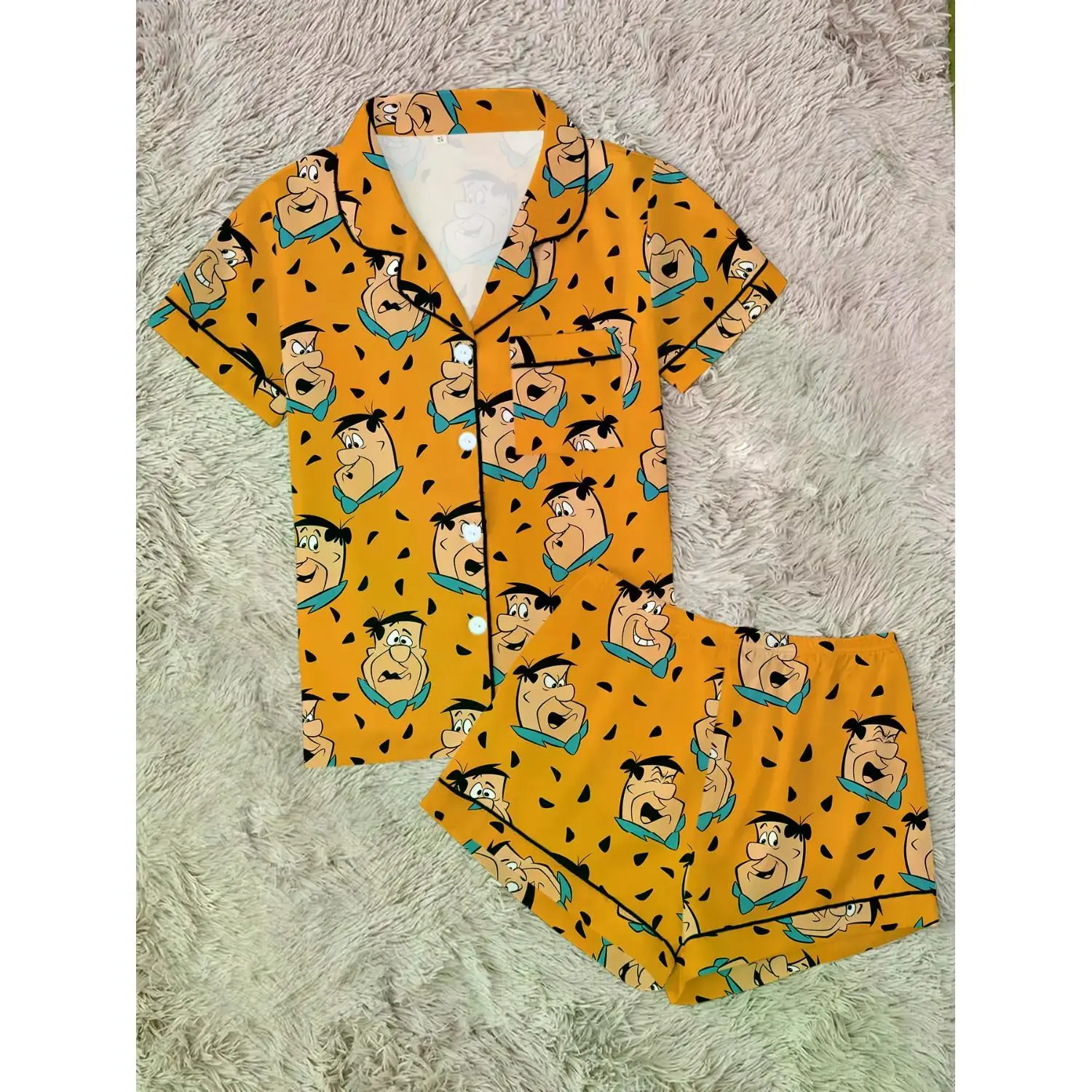 Retro Cartoon Cave Man Pajama Set, Soft Short Sleeve Button-Down Loungewear, Adorable 2-Piece Summer Sleepwear, Playful Casual Year-Round Pajamas
