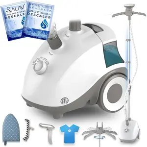 (R) Standing Steamer for Clothes, 1500W  Garment Steamer with Roll Wheels, 4 Steam Settings, High Efficiency Stainless Steel Plate, with Limescale Remover Descaler Packets