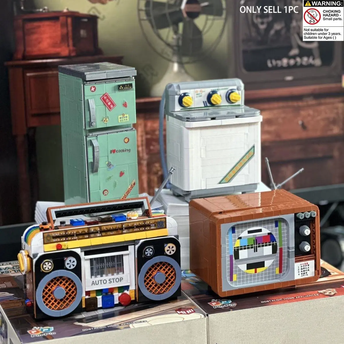 Vintage Radio & Washing Machine & Fridge & Television Bricks Toy, Creative DIY Model Assemble Construction Building Blocks, Home Decoration Ornaments, Building Block Sets
