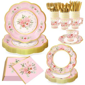 168 PCS Flower Tea Party Supplies, Pink Vintage Floral Paper Plates Napkins Cups Cutlery for 24 Guests, Spring Floral Disposable Plates for Birthday Baby S