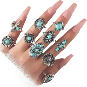Boho Turquoise Ring for Women Silver Western Stackable Knuckle Rings Vintage Cactus Flower Midi Finger Ring Statement Jewelry Gifts