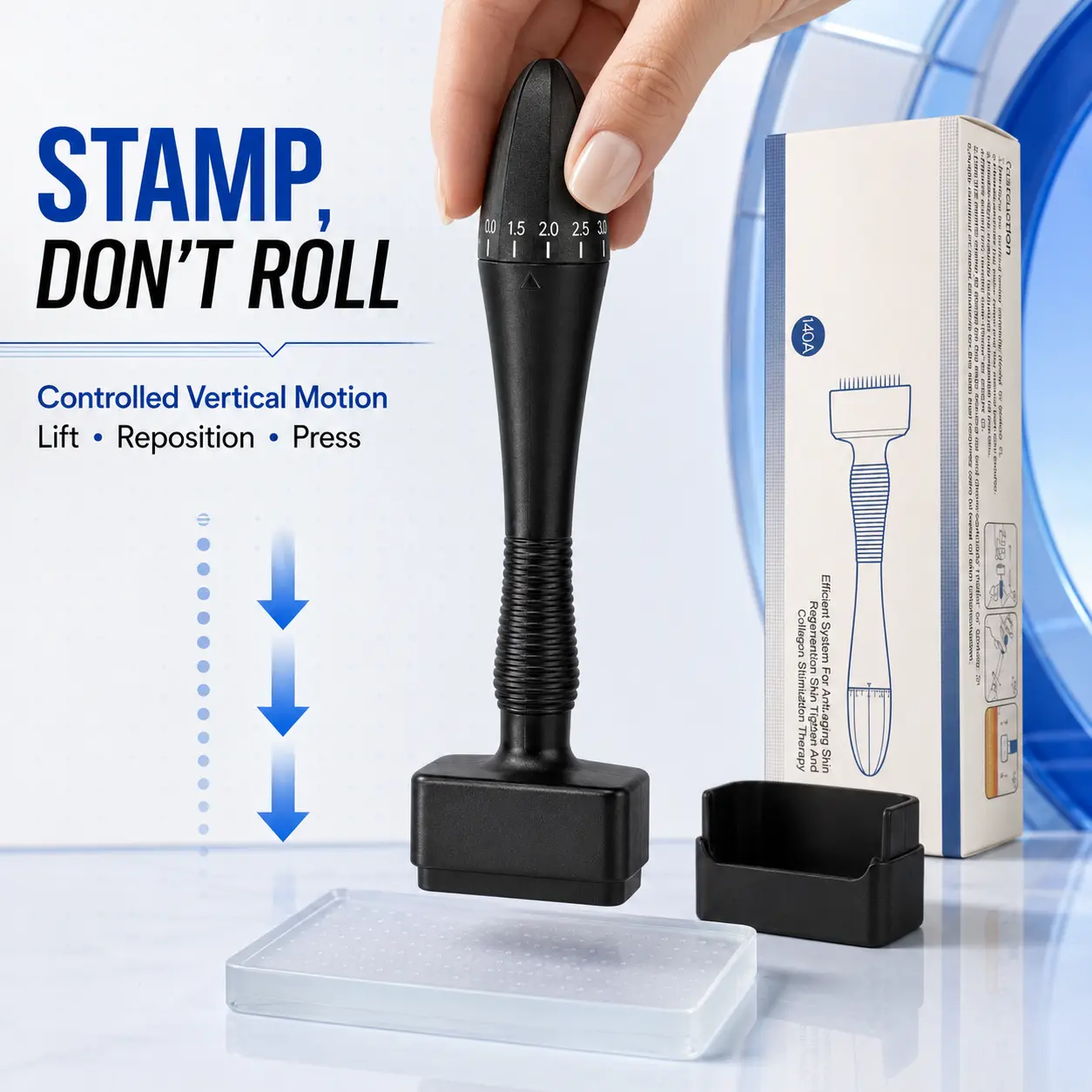 Adjustable Microneedle Derma Stamp, 140-Pin Skin Care Tool with 0.0–3.0 mm Dial, Vertical Press Design and Protective Storage Base for Face, Scalp and Body