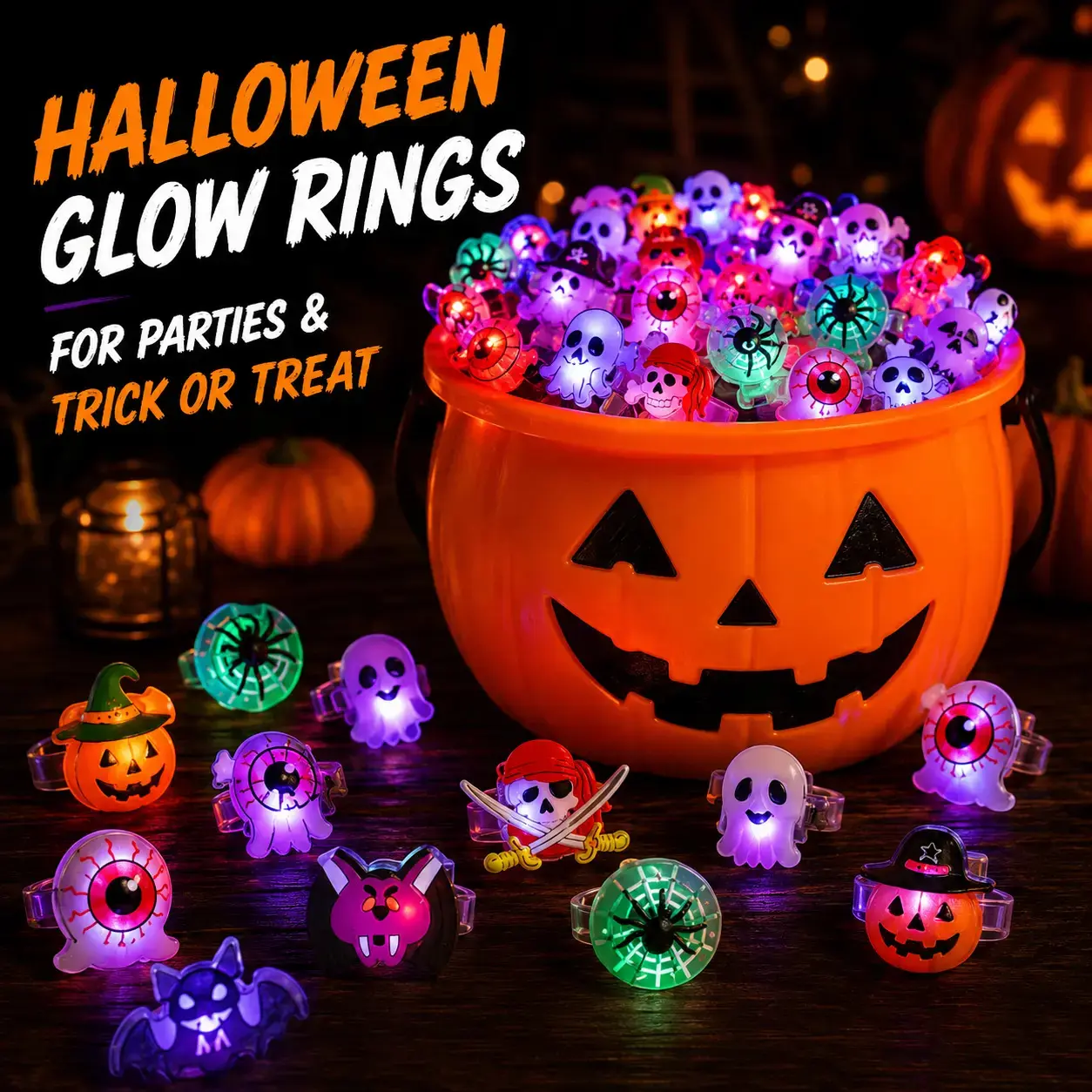 50pcs Glow Flashing LED Halloween Rings with LED Lights, Child Festive Party Favors, Halloween Goody Bag Basket Stuffers Fillers
