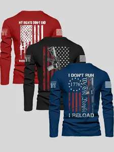 Men's Classic Crew Neck Long Sleeve T-Shirt, Flag Series Graphic Print Design, Premium Fabric, Breathable & Durable, Casual Daily Wear