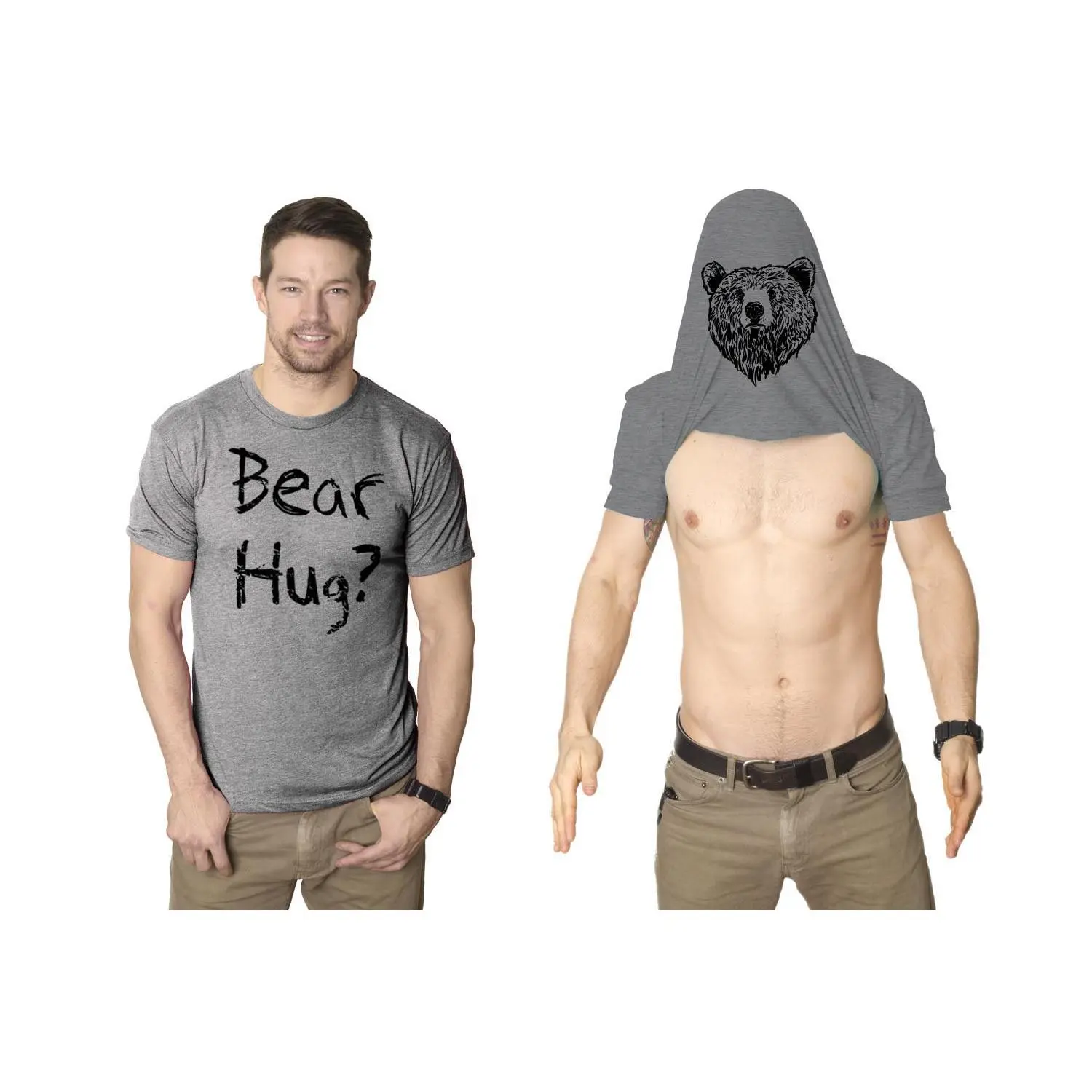 Mens Grizzly Bear Flip T shirt Funny Hug Shirt Humorous Novelty Tee Crazy Humor Mens Funny T Shirts Cool Vintage Fashion T-Shirt Gift Classic Menswear Flip Apparel for Men Funny Animal Short Sleeve Novelty Tees Light Grey