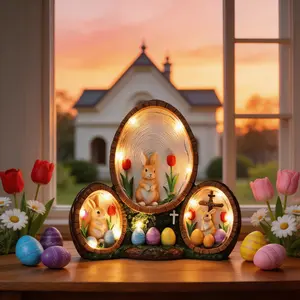 Easter Decorative Ornament Powered by 3 AAA batteries (not included) Handcrafted premium resin painted tulip rabbit Easter egg ornament Jesus cross decoration Gift idea Home ambiance light-up display