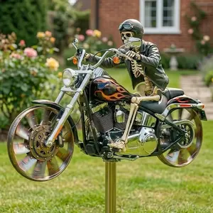 Skeleton Motorcycle Wind Spinner,Biker Skull Windmill Stake with Rotating Wheels for Patio Yard Garden,Unique Resin Outdoor Sculptures Ornament Gift for Friends 34.25 * 12.2inch