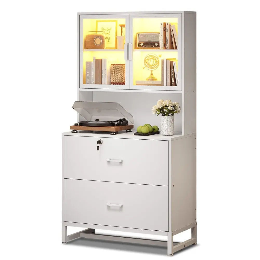 SIKAIC Modern 2-Drawer Locking Filing Cabinet - Durable Home Office Furniture with 30.7 Inches Storage, Charging Station, Bookshelf, LED Light, Printer Stand, White Organizer (Assembly Required) for Home Office, Study