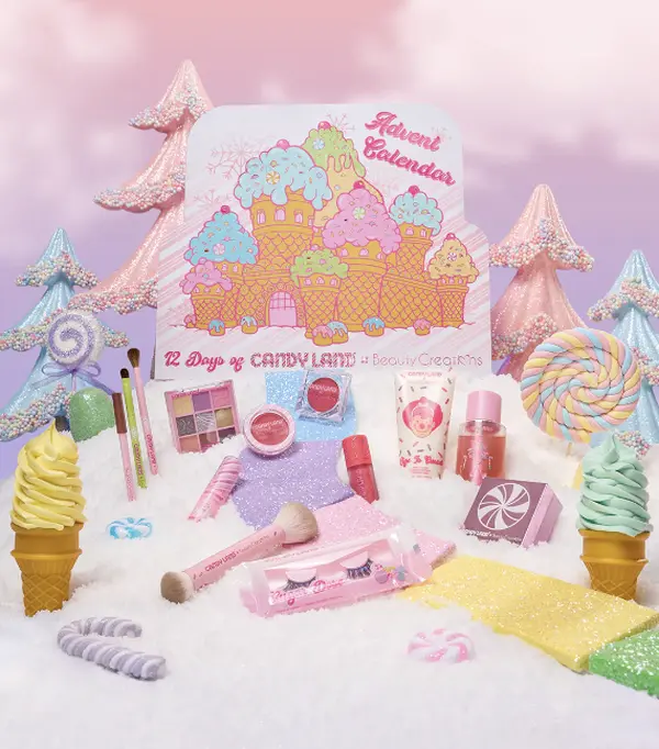 Beauty Creations Candy Land 12 Day Advent Calendar, Cruelty Free Holiday Face Set with Cream & Powder Blushes, Lip Balm & Pencil Liner for All Skin Types, Shimmer