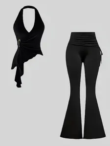 Spring Autumn Pure Desire Halter Neck Top, Asymmetric Irregular Hem Design, Foldover Slim Fit Long Pants Set, Two-Piece Outfit, Womenswear
